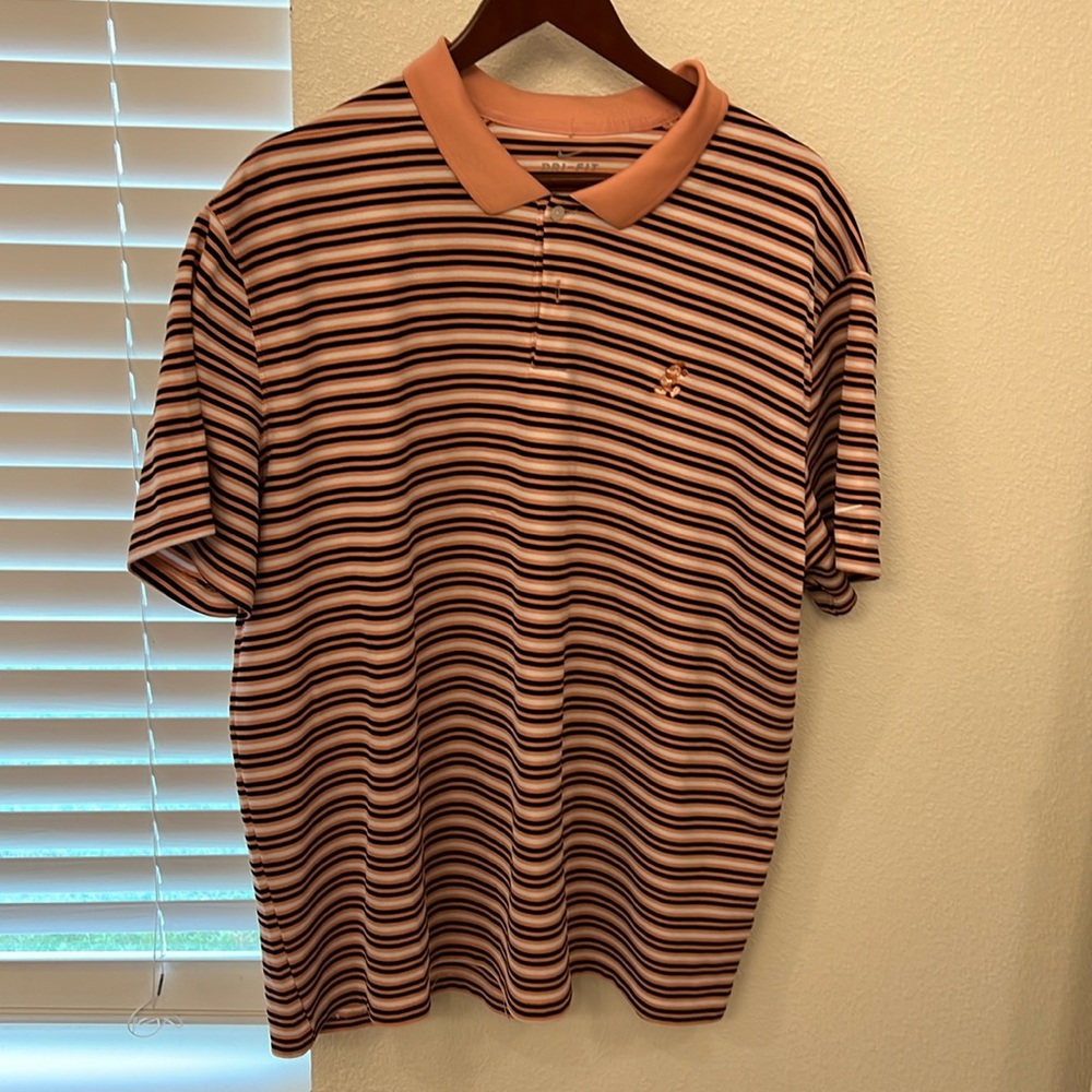 Nike Dri-Fit Peach, Black and White Striped Golf Shirt with Mickey Mouse Logo